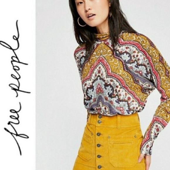 Free People Tops - Free People Chase Me Tee Printed Paisley Multicolored Turtleneck Small